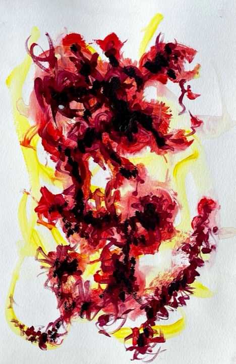 Dense clusters of deep red and crimson over loose yellow strokes on white paper.