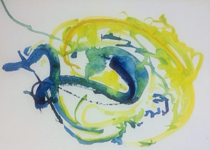 Swirling blue, green and yellow strokes looping around an open centre on a white background.