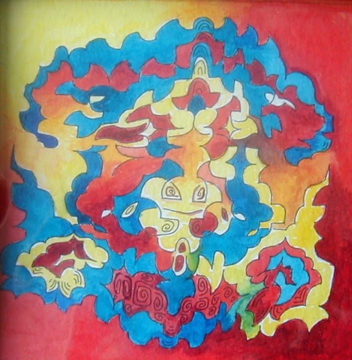 Interlocking turquoise, red and yellow organic forms with fine dark outlines, an original painting by Ahmed Fattah.