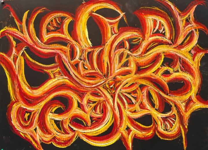 Red, orange and gold ribbons flowing across a charcoal ground.