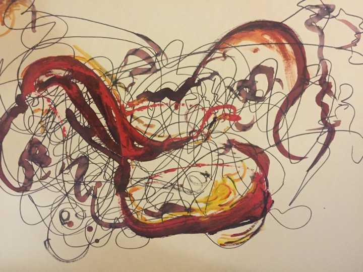 Broad burgundy curves and fine looping lines on a pale background.