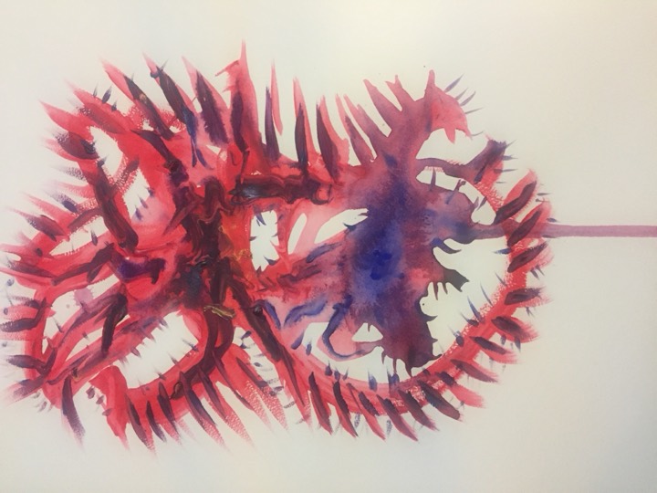Radiating crimson and violet brushstrokes around two open forms.
