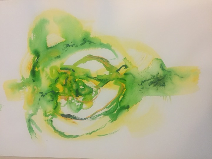 Translucent green and yellow strokes loop across a pale ground.